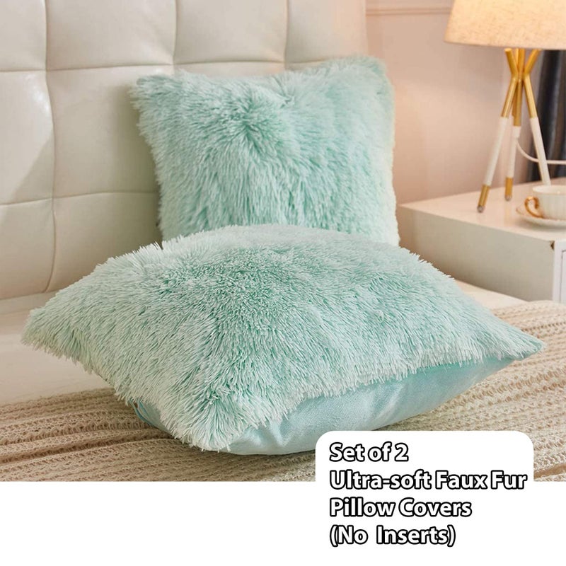 LIFEREVO 2 Pack Fluffy Faux Fur Pillow Shams,18 x 18 Inches Throw Pillow Covers,Luxury Decorative Furry Pillowcases Cushion Cover for Christmas,Zipper Closure,No Pillow Insert, Mint - Image 2